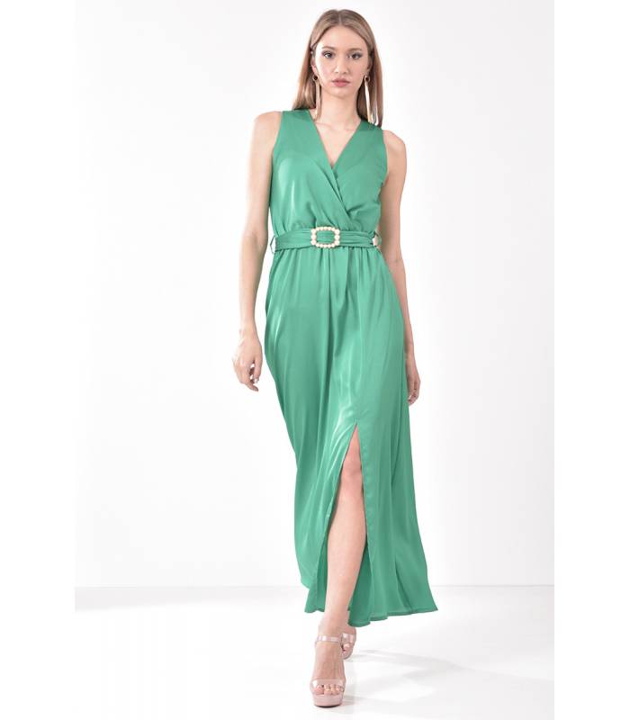 Maxi σατέν φόρεμα κρουαζέ με άνοιγμα μπροστά, Πράσινο